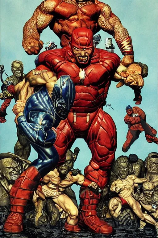 Prompt: full body and head portrait of dave bautista as superhero juggernaut, painted by norman rockwell and phil hale and greg staples and tom lovell and frank schoonover and jack kirby, single character