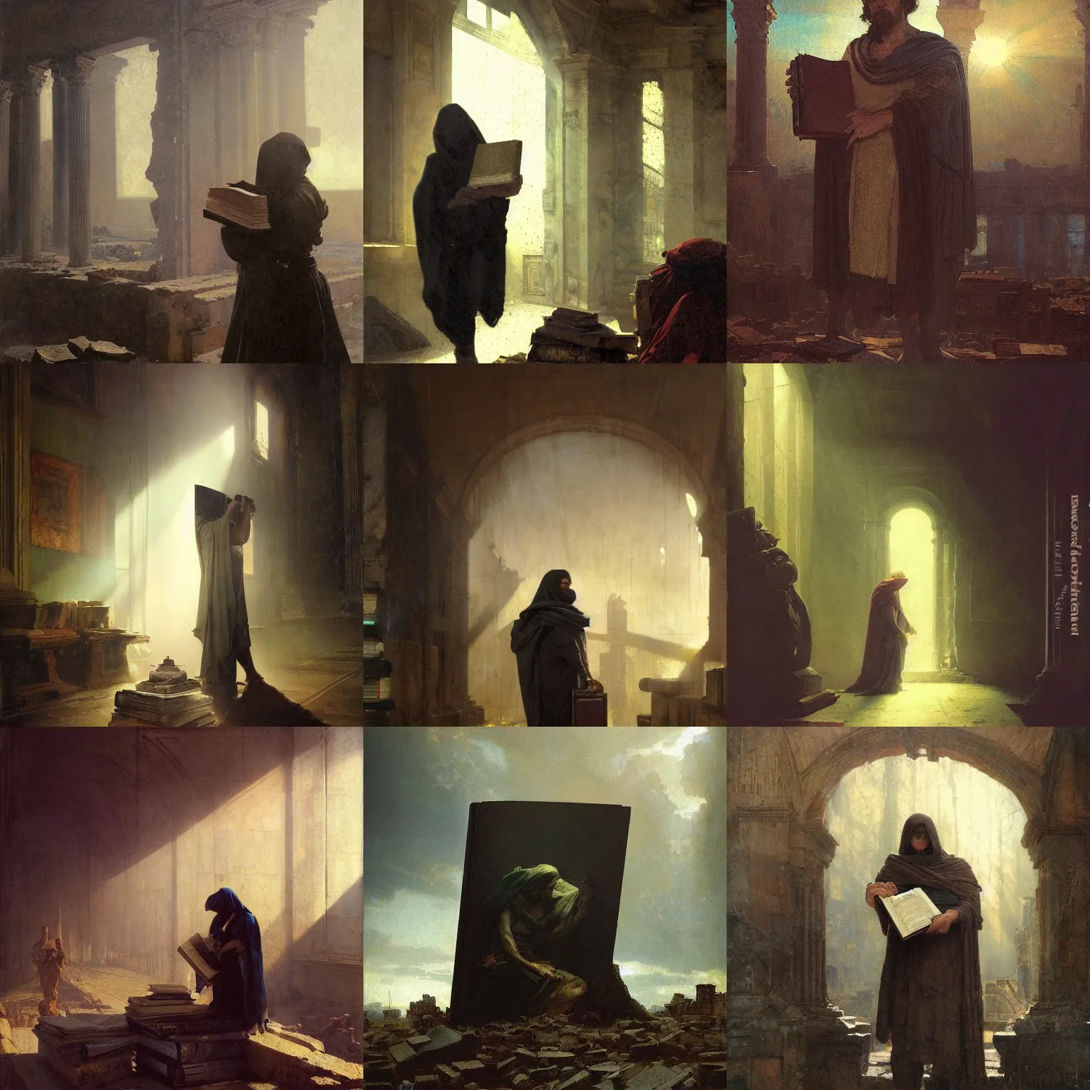 Image similar to half portait of magican wearing a closed cowl with big old book!, jeremy mann, jean leon gerome, tiepolo, alphonse mucha, greg rutkowski, face in the shadows, ( ( ruins of ancient rome ) ), at dusk, mysterious atmosphere, sunrays, dof, masterpiece, high detailed, 8 k