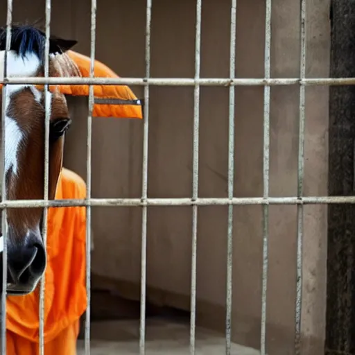 Image similar to horse with orange inmate clothes, in a jail