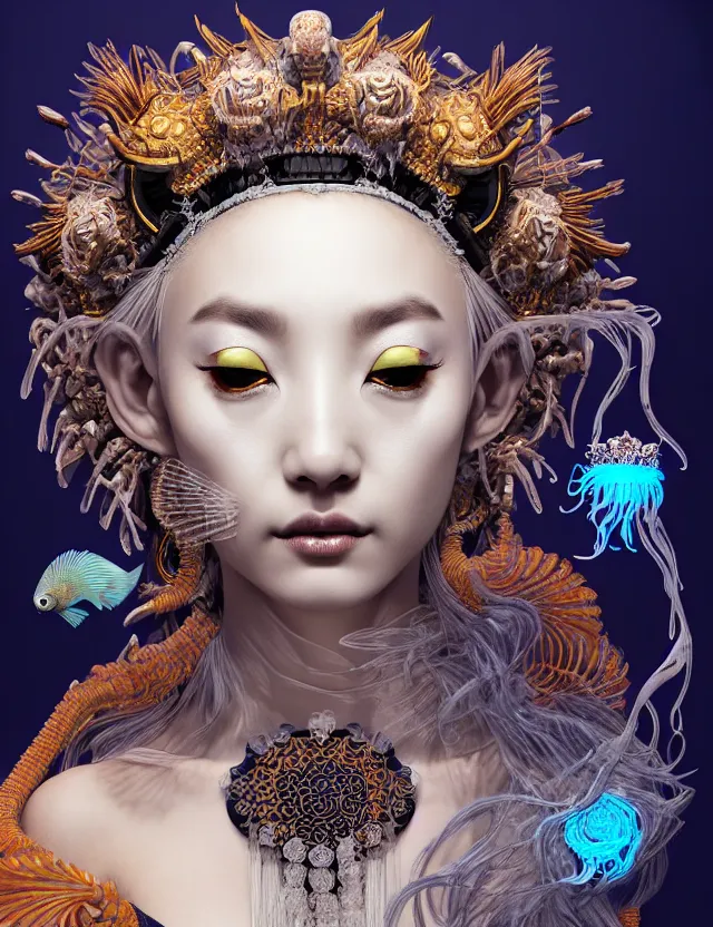 Image similar to 3 d goddess close - up portrait with crown, ram skull. beautiful intricately detailed japanese crow kitsune mask and clasical japanese kimono. betta fish, jellyfish phoenix, bioluminescent, plasma, ice, water, wind, creature, artwork by tooth wu and wlop and beeple and greg rutkowski