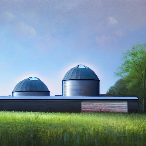 Image similar to exterior view of modern futuristic farm barn architecture, silo, feed troughs, cows, pigs, chickens, detailed luminescent oil painting 4 k