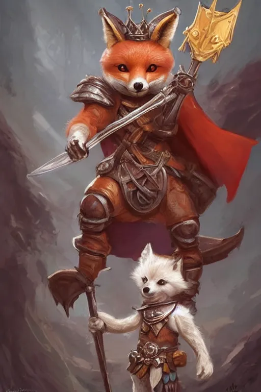 Image similar to cute little anthropomorphic foxy knight wearing a cape and a crown, tiny, small, miniature fox, baby animal, short, pale blue armor, cute and adorable, pretty, beautiful, DnD character art portrait, matte fantasy painting, DeviantArt Artstation, by Jason Felix by Steve Argyle by Tyler Jacobson by Peter Mohrbacher, cinematic lighting