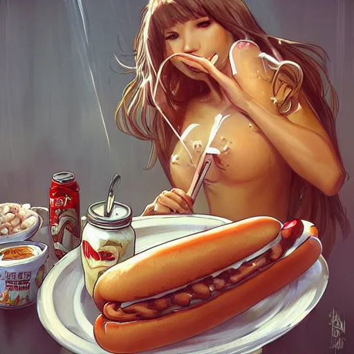 Prompt: hot dogs and yogurt is a messy meal, wlop, artgerm, mucha