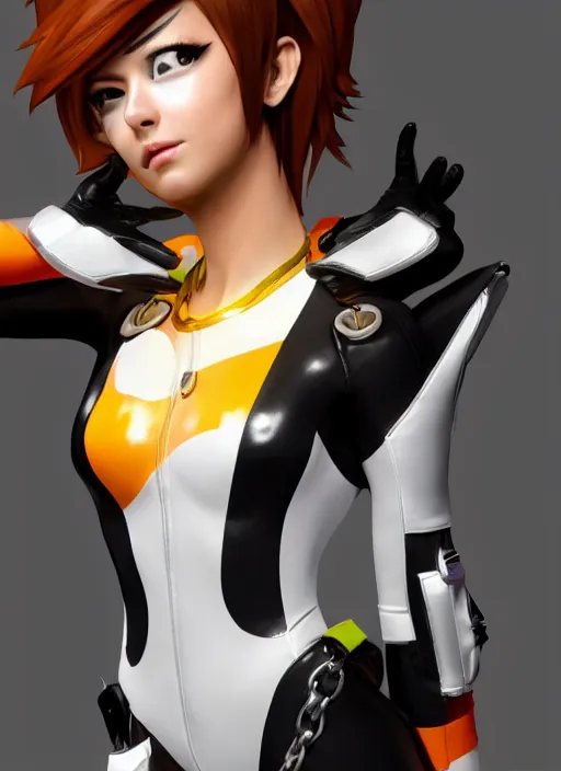 Image similar to portrait bust digital artwork of tracer overwatch, wearing white iridescent rainbow latex and leather straps catsuit outfit, 4 k, expressive happy smug expression, makeup, in style of mark arian, angel wings, wearing detailed black leather collar, chains, black leather harness, detailed face and eyes,