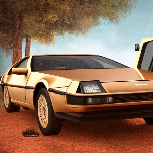 Image similar to a sepia photograph of a delorean time machine on the oregon trail, trending on art station,