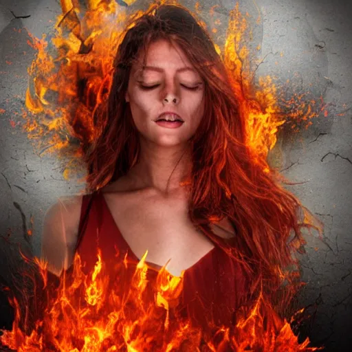 Prompt: a woman on fire, city, giant, award winning, photo manipulation, collage