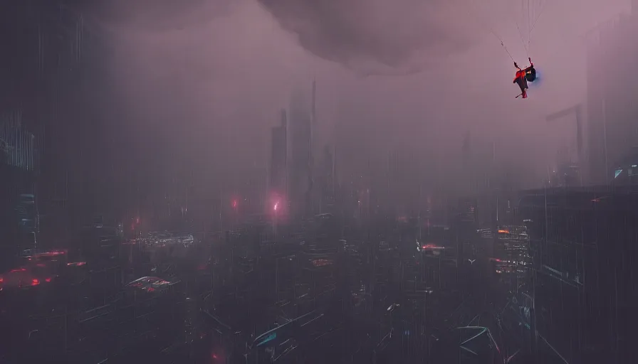 Image similar to man parachuting into a dark cyberpunk city through clouds, volumetric lighting, dystopia, artstation, concept art, painting