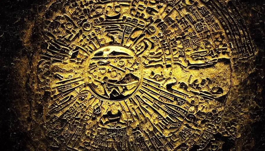 Image similar to hieroglyphs showing ufos alien planets, gold plate render, various refining techniques, micro macro auto focus, top photography photo art gallery, realistic photo, insane detail