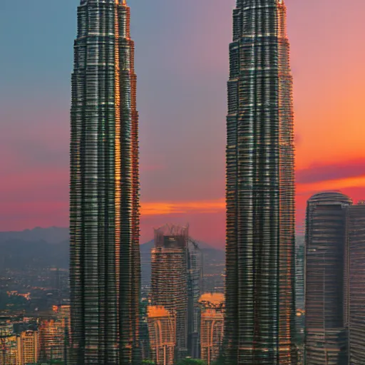 Image similar to the petronas towers shaped like elac debut floor standing speakers, ultra realistic, kodachrome 6 4, golden hour image