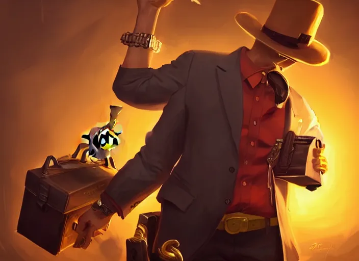 Image similar to amazing portrait of gangster spongebob with a thompson and a briefcase, deiv calviz, splash art, natural light, elegant, intricate, fantasy, atmospheric lighting, by greg rutkowski, league of legends splash art, hd wallpaper, ultra high details