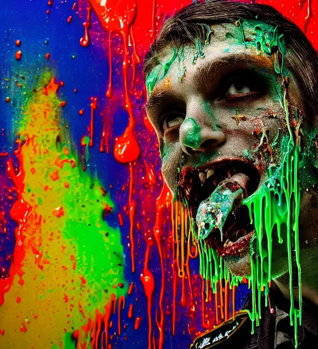 Image similar to beautiful 3 5 mm photograph of a slimy rotting zombie cop covered in colorful wet goop, dripping with colorful liquid, policeman, cop, biocop, intricate details, dark ambient, service cap, atmospheric, movie poster, poster, horror, elegant, super highly detailed, professional digital photo, artstation, concept art, 8 k