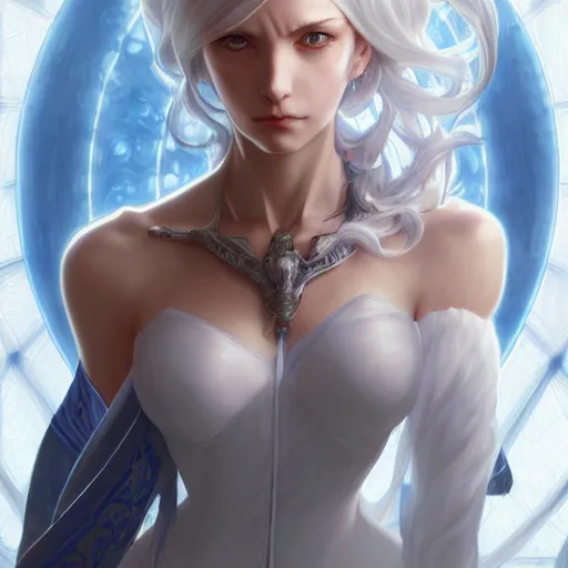 Image similar to ultra realistic illustration, aoc anime, intricate, elegant, white hair, blue eyes, cyborg, highly detailed, digital painting, artstation, concept art, smooth, sharp focus, illustration, art by artgerm and greg rutkowski and alphonse mucha