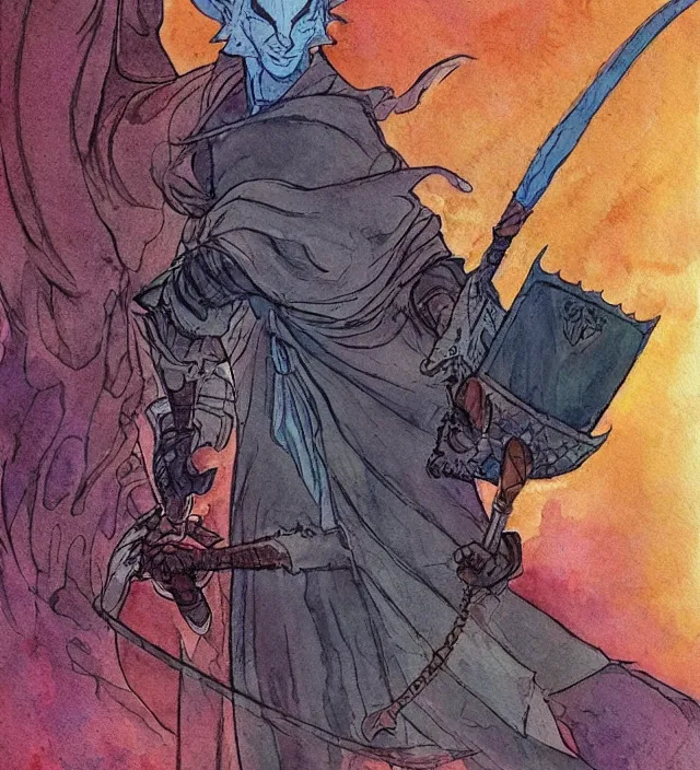 Image similar to a watercolor ink painting of a tiefling sorcerer holding an executioner's sword in the style of jean giraud in the style of moebius trending on artstation deviantart pinterest detailed realistic hd 8 k high resolution