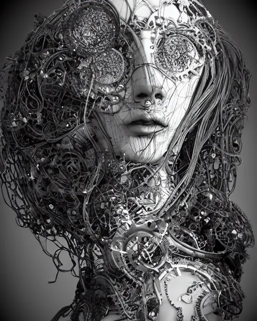 Image similar to black and white dreamy foggy smoky profile face portrait, one silver steampunk eye biomechanical beautiful young female cyclope - cyborg - robot bust, body ribs meshes,, volumetric light, hibiscus flowers, by hg giger, rim light, by dora maar and cecile beaton, big gothic fashion pearl embroidered collar, 8 k
