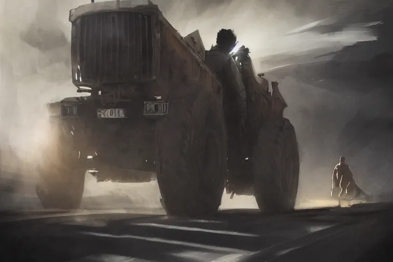 Image similar to epic concept art of an approaching truck and a man standing still. man in foreground. backlight. strong contrast. by ashley wood and j. m. w. turner, speed painting, photo bash, cinematic angle, super detailing, strong perspective, over the shoulder shot