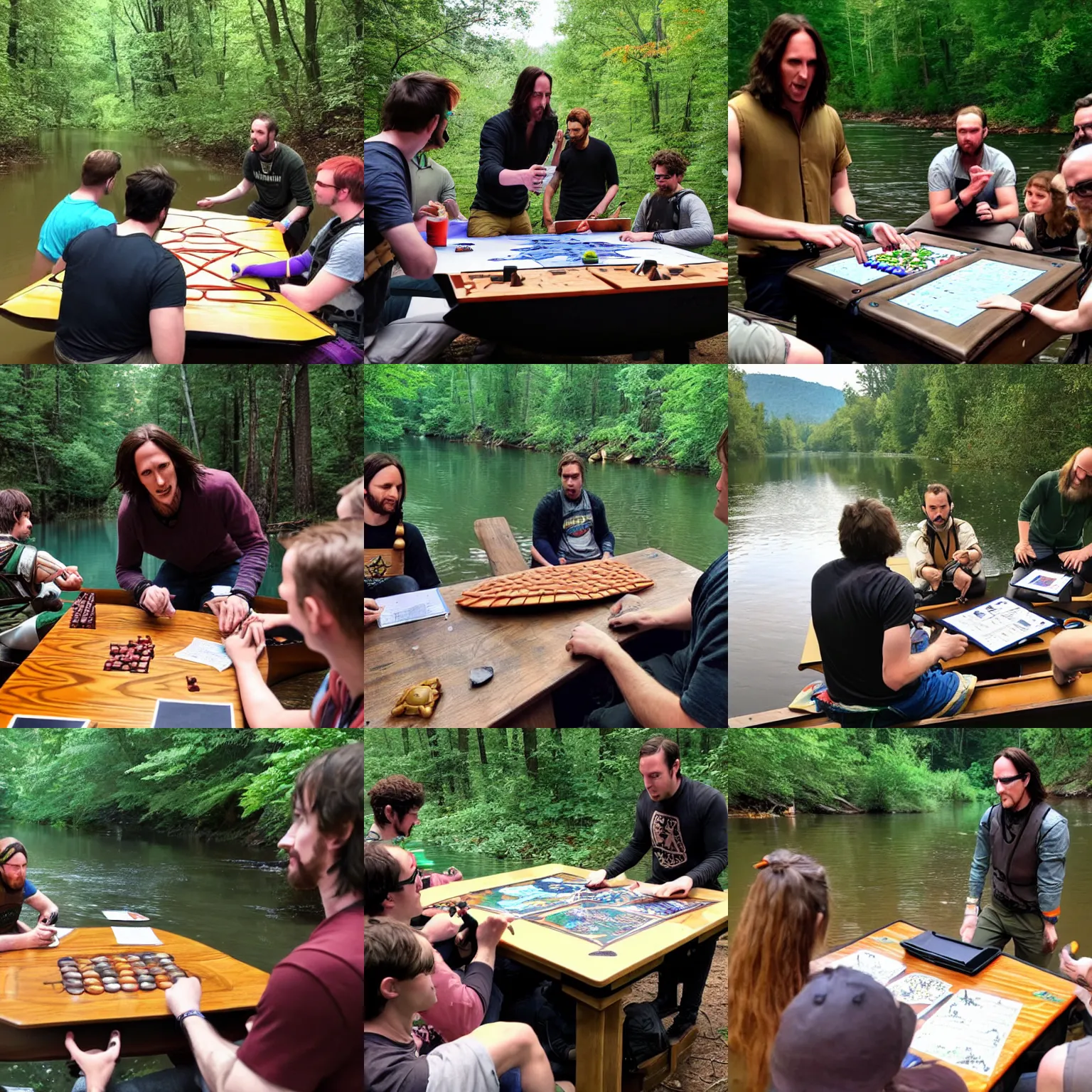 Prompt: Matt Mercer running a dnd session for players who are humanoid turtles, at a game table on a canoe, in a beautiful river alongside a forest, by noah bradley