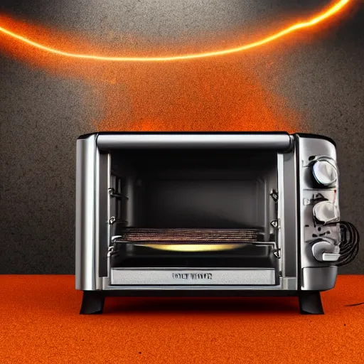 Image similar to toaster oven connected to 1 0 0 cables, symmetry, dark messy smoke - filled cluttered workshop, dark, dramatic lighting, orange tint, sparks, cinematic, highly detailed, sci - fi, futuristic, movie still