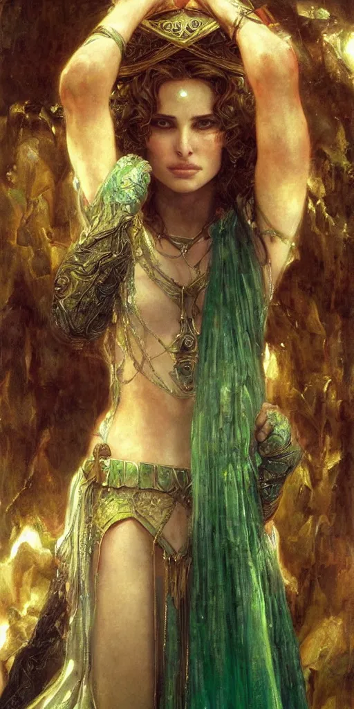 Prompt: epic masterpiece portrait of priestess played by natalie portman, followed by head with many souls, beautiful face and flawless skin, perfect hands, emeralds by Edgar Maxence and Ross Tran and Michael Whelan