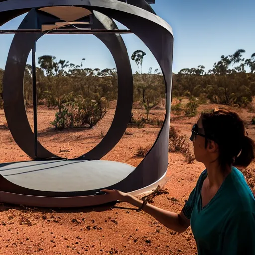 Image similar to robotic 3d printer printing a domed house frame in the australian desert, supervised by a group of three women, XF IQ4, 150MP, 50mm, F1.4, ISO 200, 1/160s, dawn