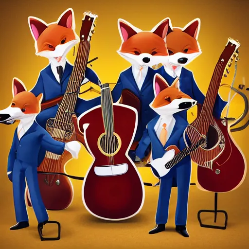 Image similar to music album cover, with anthropomorphic foxes animals dressed in suits, holding guitars, on a beach, all looking at camera, studio lighting, 8 5 mm f / 1. 4