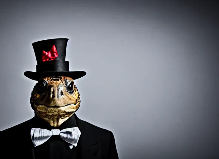 Image similar to photo still of a tortoise wearing a top hat and bowtie, 8 k, studio lighting bright ambient lighting key light, 8 5 mm f 1. 8