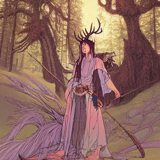 Image similar to illustration of a magical tribal sorceress with a huge majestic stag in a forest by hayao miyazaki and jean giraud moebius, highly detailed digital painting, concept art