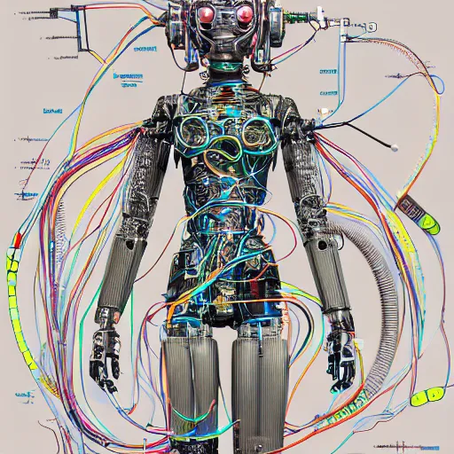 Image similar to a beautiful body of a bot pilot woman mostly made of wires and electronic circuits, an ultrafine detailed illustration by james jean, final fantasy, intricate linework, bright colors, behance contest winner, vanitas, angular, altermodern, unreal engine 5 highly rendered, global illumination, radiant light, detailed and intricate environment