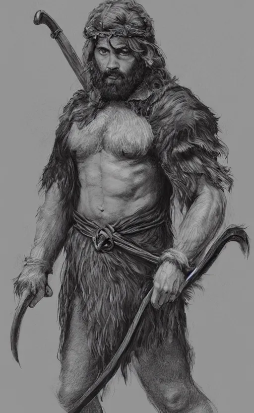 Image similar to renaissance full body portrait of a gruff ranger with a spear, lean and toned, handsome face, hairy chest and hairy body, D&D, intricate, elegant, highly detailed, digital painting, artstation, concept art, matte, sharp focus, chiaroscuro, well list, sharp detail, illustration, art by Da Vinci, Artgerm and Greg Rutkowski and Alphonse Mucha