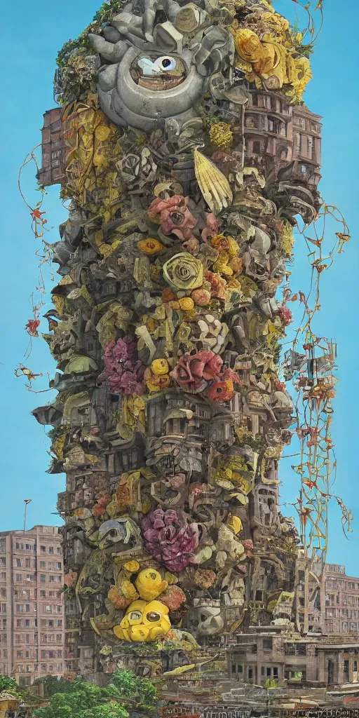Prompt: colossal grotesque flower in the middle of abandoned early soviet constructivist cityscape, Stalinist architecture, ultradetailed by Hayao Miyazaki and Josan Gonzalez and Makoto Shinkai and Giuseppe Arcimboldo and Wes Anderson