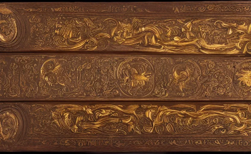 Image similar to golden musket with engravings laying on a wooden table, complex, high detail