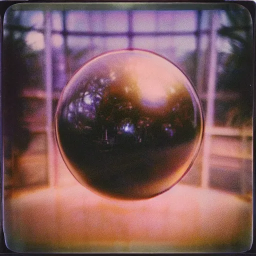 Prompt: grainy Polaroid film photograph of a highly reflective floating glass orb in a tropical greenhouse. super resolution. surreal. Extremely detailed. Polaroid 600 film. by Annie Leibovitz and Richard Avedon