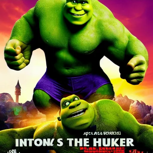 Prompt: Shrek VS the incredible hulk movie poster