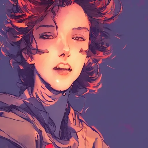 Image similar to a beautiful girl with short curly brown hair in a ponytail, a pointy chin, smiling sweetly, dramatic lighting, illustration by Rossdraws, yoji shinkawa, 4k, digital art, concept art, trending on artstation