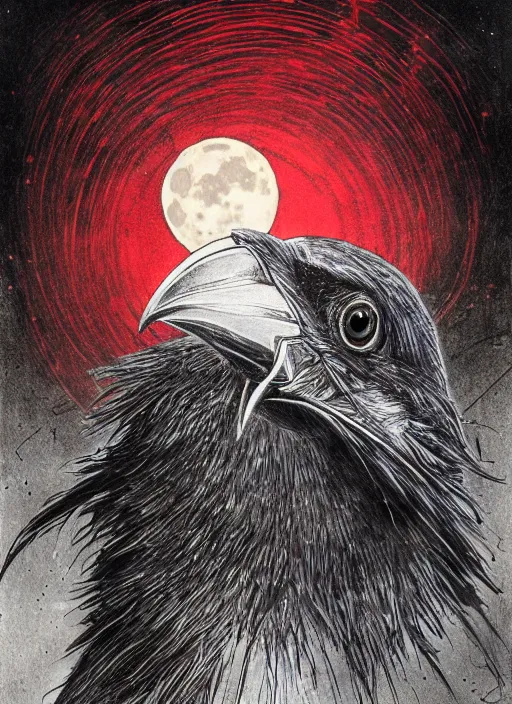 Image similar to portrait, A crow in front of the full big moon, book cover, red white and black colors, establishing shot, extremly high detail, foto realistic, cinematic lighting, pen and ink, intricate line drawings, by Yoshitaka Amano, Ruan Jia, Kentaro Miura, Artgerm, post processed, concept art, artstation, matte painting, style by eddie mendoza, raphael lacoste, alex ross