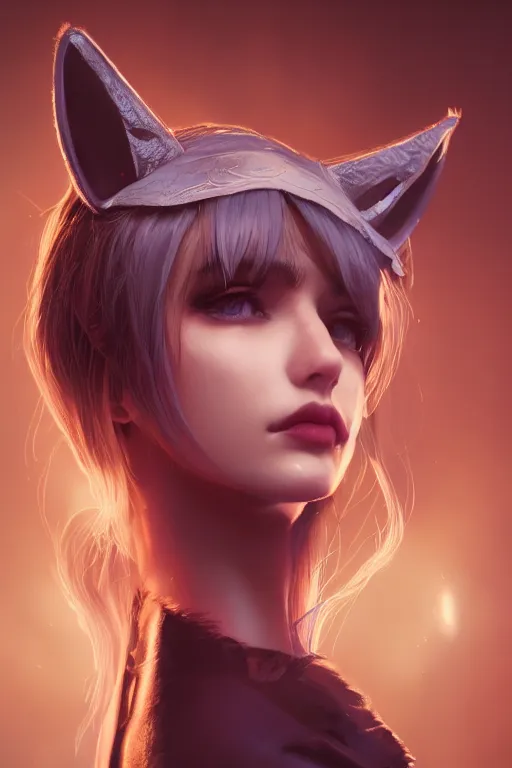 Image similar to A fancy portrait of an attractive women with cat ears by Greg Rutkowski, beeple, Sung Choi, Mitchell Mohrhauser, Maciej Kuciara, Johnson Ting, Maxim Verehin, Peter Konig, final fantasy, macro lens , 8k photorealistic, cinematic lighting, HD, high details, dramatic, dark atmosphere, trending on artstation