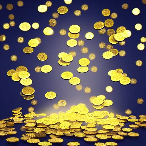 Prompt: Glowing golden coins raining from the sky, elegant digital painting