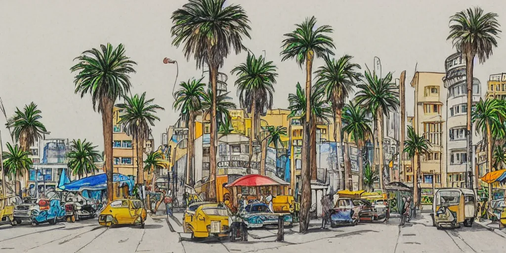 Image similar to street artists. painting of rounded bauhaus buildings in a junction in tel aviv. highly detailed. pen drawing painted with watercolors. colorful. low buildings. palm trees