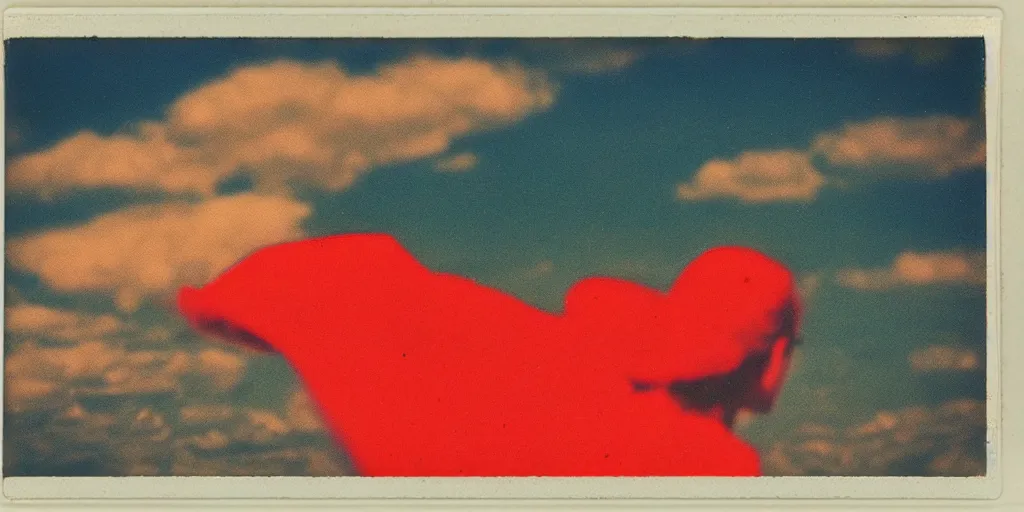 Image similar to vintage polaroid of a beautiful woman spotting a ufo in the sky, seen from behind, detailed clouds, warm azure tones, red color bleed, film grain