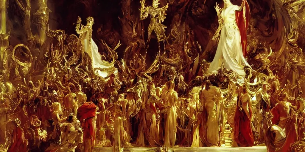 Image similar to beautiful oil painting, high details, alien in royal crimson robes enthroned as the alien god emperor of ancient civilization surrounded by servants in gilded halls a golden wreath upon his head, by anders zorn, wonderful masterpiece by greg rutkowski, beautiful cinematic light, american romanticism, by giger, rolf armstrong, ernie barnes, thomas lawrence, greg rutkowski