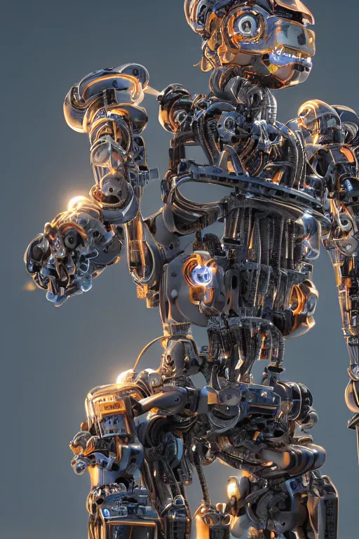 Prompt: a portrait of a extremely intricately detailed beautiful robot lots of cables and lights and connections, highly detailed perfect render, realism. concept art. unreal engine 5, f / 1. 8, v - ray, ultra hd, 8 k, atmospheric beautiful background and beautiful lighting. iron forge background lots of sparks and fire. hyper realism.