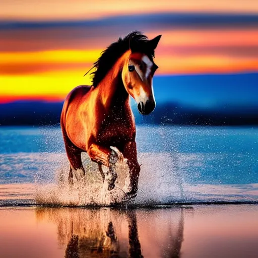 Prompt: a horse running on a lake, with sunset, photorealistic, cinematic, well detailed, HDR, 8k