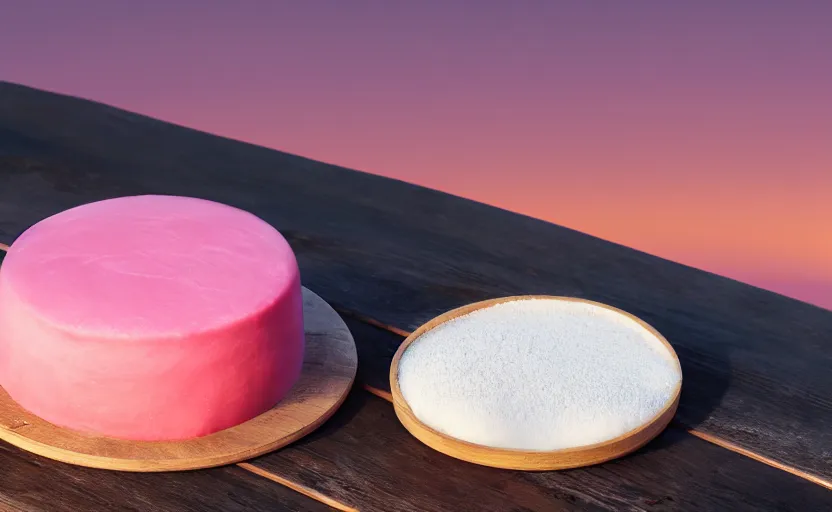 Image similar to A photo of a swedish cake from the side on a wooden table, covered with pink marzipan, some powder sugar and a marzipan leaf. Sunset. 4K. Cinematic lighting. High detail. Realistic. Delicious.