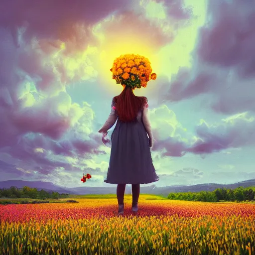 Image similar to girl with a singular flower for a head, surreal photography, dream, standing in flower field, magical, in a valley, sunrise dramatic light, impressionist painting, colorful clouds, artstation, simon stalenhag, flower face