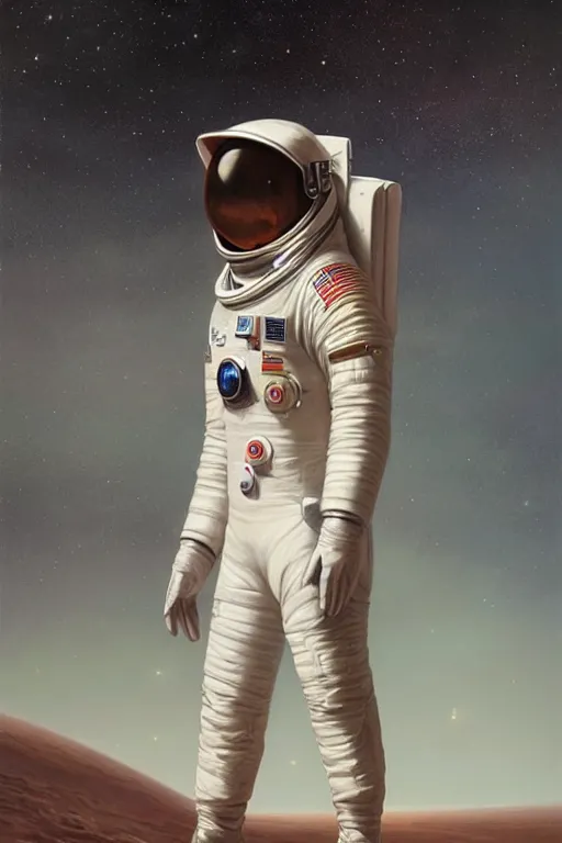 Image similar to a stunning ultra realistic fine art painting of an astronaut walking on Mars, by tom bagshaw, studio portrait, muted colors, detailed hair, 4K