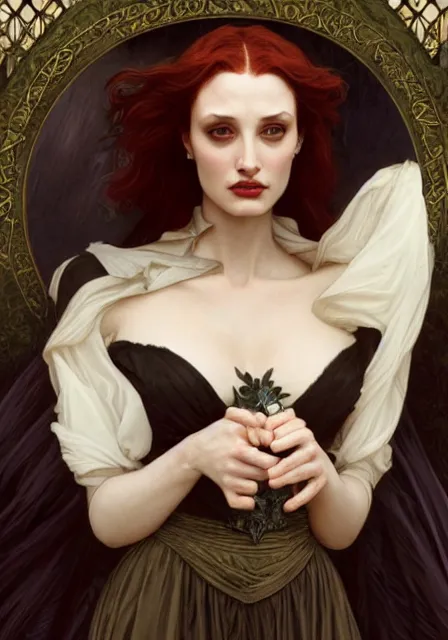 Image similar to sansa angeline jolie gessica chastain victorian vampire, intricate, elegant, highly detailed, digital painting, artstation, concept art, smooth, sharp focus, illustration, art by artgerm and greg rutkowski and alphonse mucha and william - adolphe bouguereau