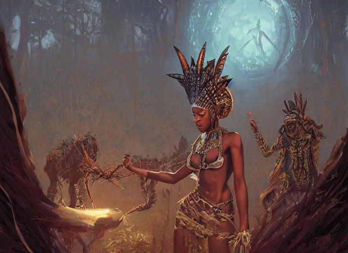 Image similar to highly detailed digital painitng of tribal afrikan voodoo kemetic mask, stephen bliss, unreal engine, fantasy art by greg rutkowski, loish, rhads, ferdinand knab, makoto shinkai and lois van baarle, ilya kuvshinov, rossdraws, tom bagshaw, global illumination, radiant light, detailed and intricate environment