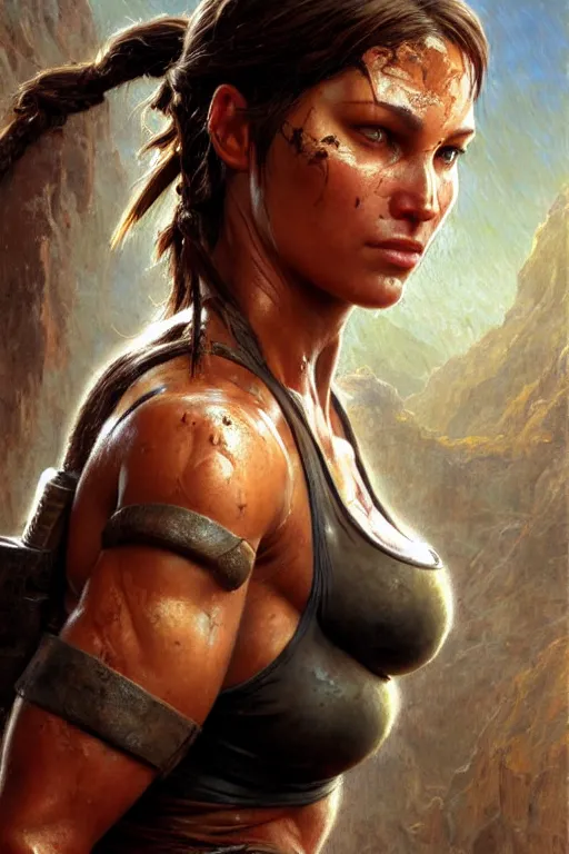 Image similar to focus muscular sweat lara croft, covers with mud exhausted face close up, highly detailed painting by gaston bussiere, craig mullins, j. c. leyendecker 8 k