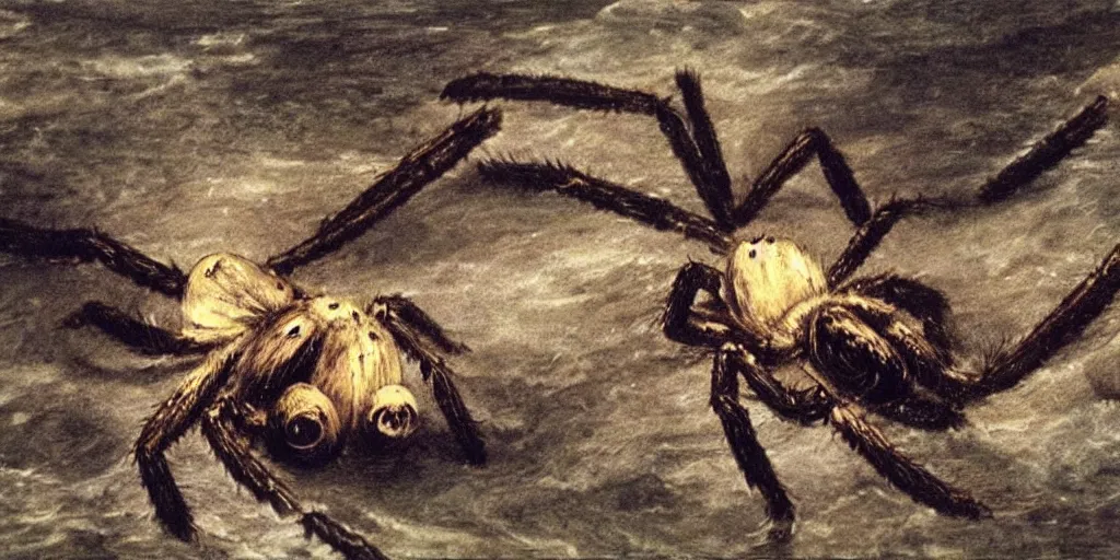 Image similar to hyperrealism Baptism on the river, monster spider in style of Goya