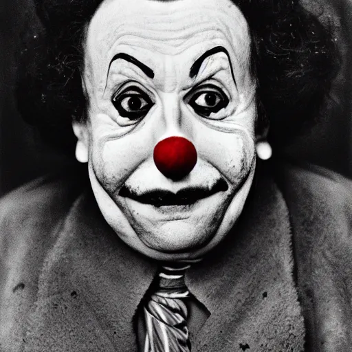 Image similar to portrait of a clown by Diane Arbus, 50mm, black and white