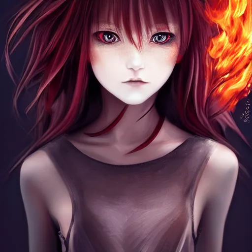 Image similar to advanced digital portrait painting photograph, a teenage anime girl wearing a dress made of fire , full body, very long black and red hair, silver eyes, full round face, intense stare, cinematic lighting, medium shot, MCU, highly detailed, trending on artstation, CSP, Photoshop, WLOP, Rossdraws, James Jean, Andrei Riabovitchev, Marc Simonetti, Anastasia Ovchinnikova and Sakimichan